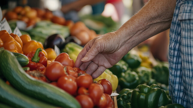 A close-up of an elderly person's hand picking ripe tomatoes at a bustling farmers' market