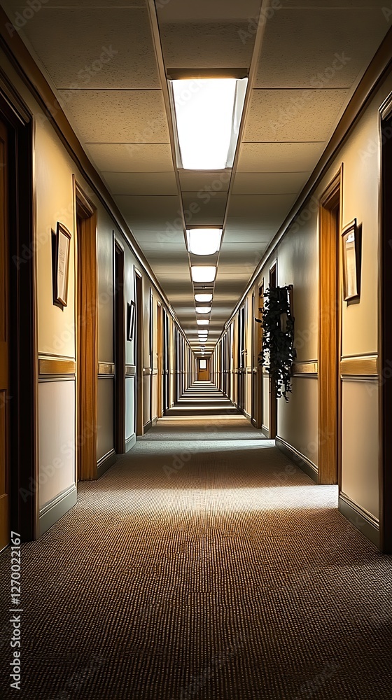 Aufkleber Long corridor of a modern hotel with glowing lights and detailed architecture creating a warm atmosphere : Generative AI