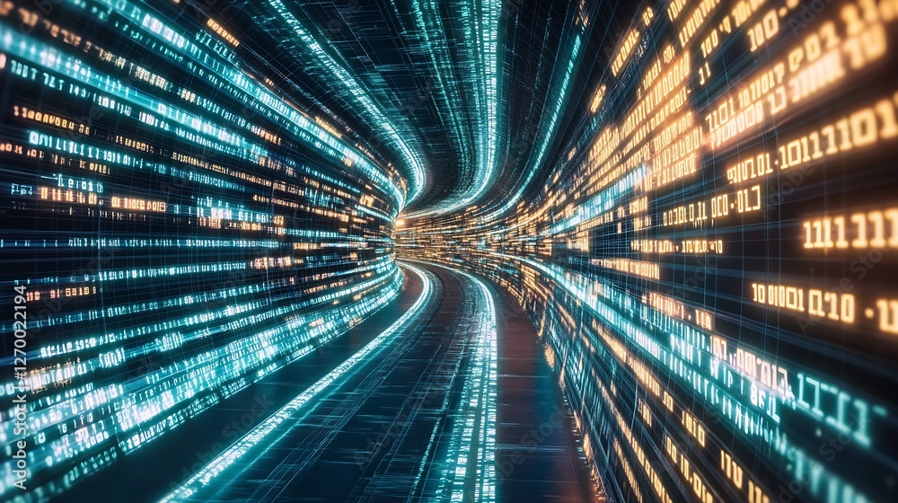 Poster Winding tunnel of binary code presenting a digital universe of possibilities : Generative AI