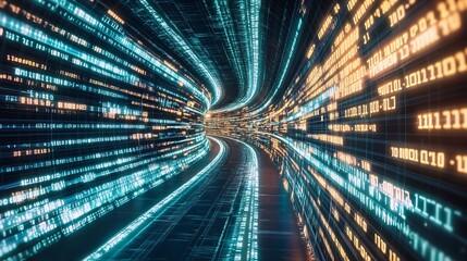Winding tunnel of binary code presenting a digital universe of possibilities : Generative AI