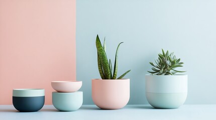 Pastel Pink and Blue Potted Plants Home Decor Stylish Minimalist Modern Plantscape Design Indoor Greenery Botanical Still Life Elegant Simple Room    