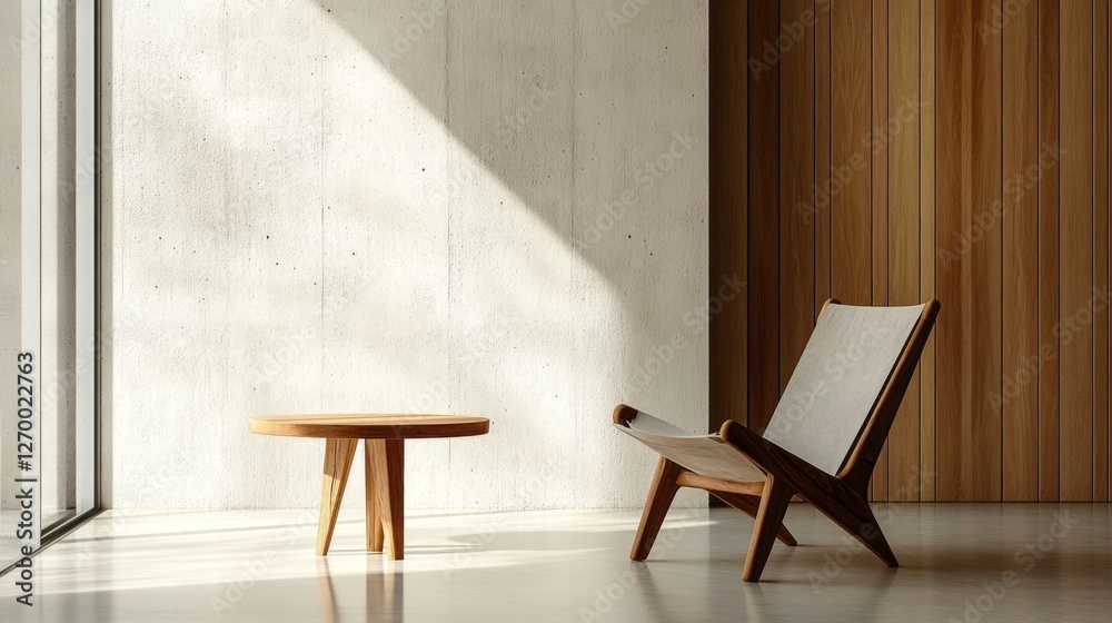 Poster Sunlight filters through large windows, casting gentle shadows on the exquisite minimalist wooden interior. A simple chair and round table create a serene atmosphere, inviting relaxation