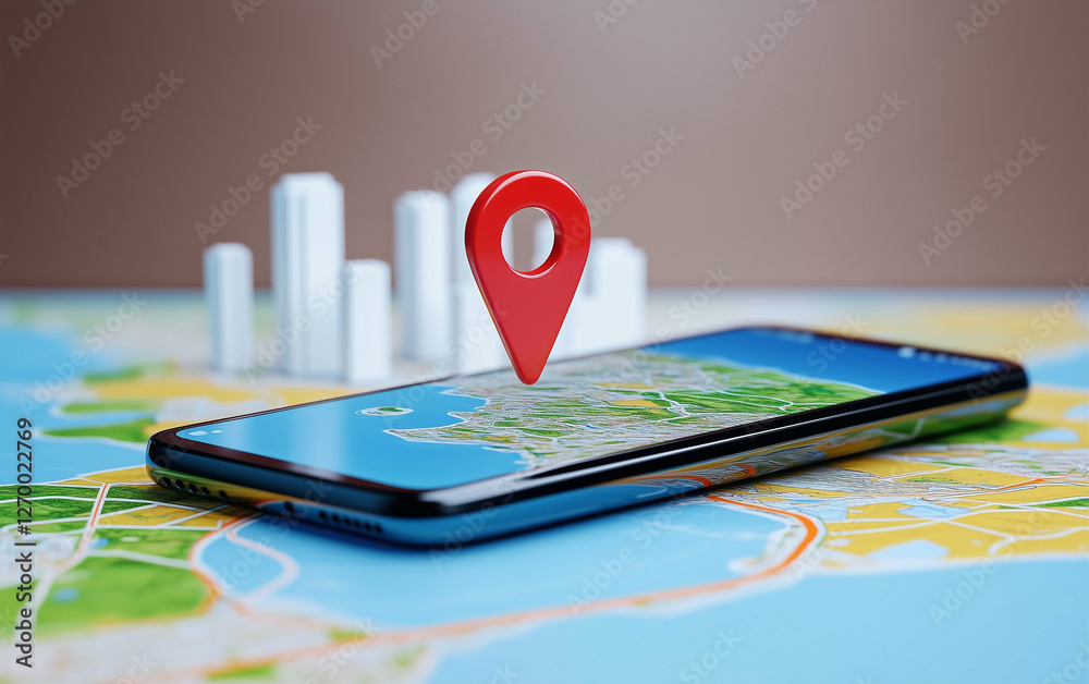 Poster smartphone with map navigation and location marker on map. mobile phone showing city map with locati