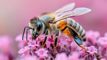 Honey bee pollinating lavender flowers. Blurred summer background of lavender flowers with bees. Beautiful wallpaper. soft focus, macro photography, copy space