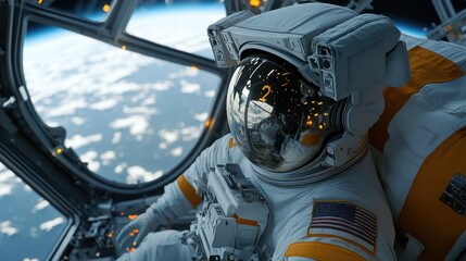 An astronaut drifts effortlessly in zero gravity inside a space station, the Earth visible through large windows, symbolizing exploration.