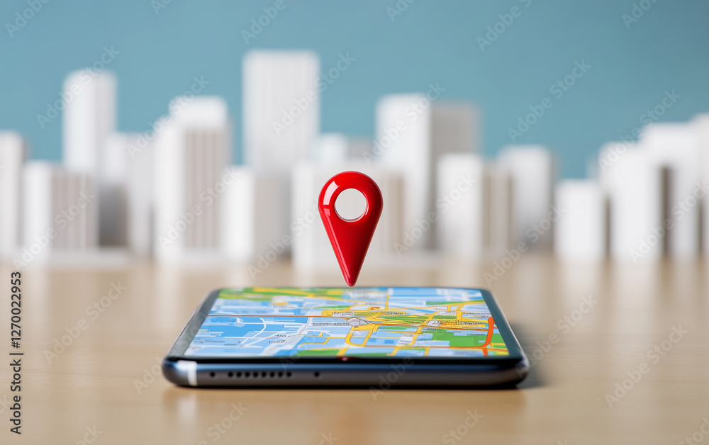Poster Smartphone displaying map with location pin over city background. Mobile phone showing navigation app with red location pin on screen. Location pin on smartphone with city map for navigation