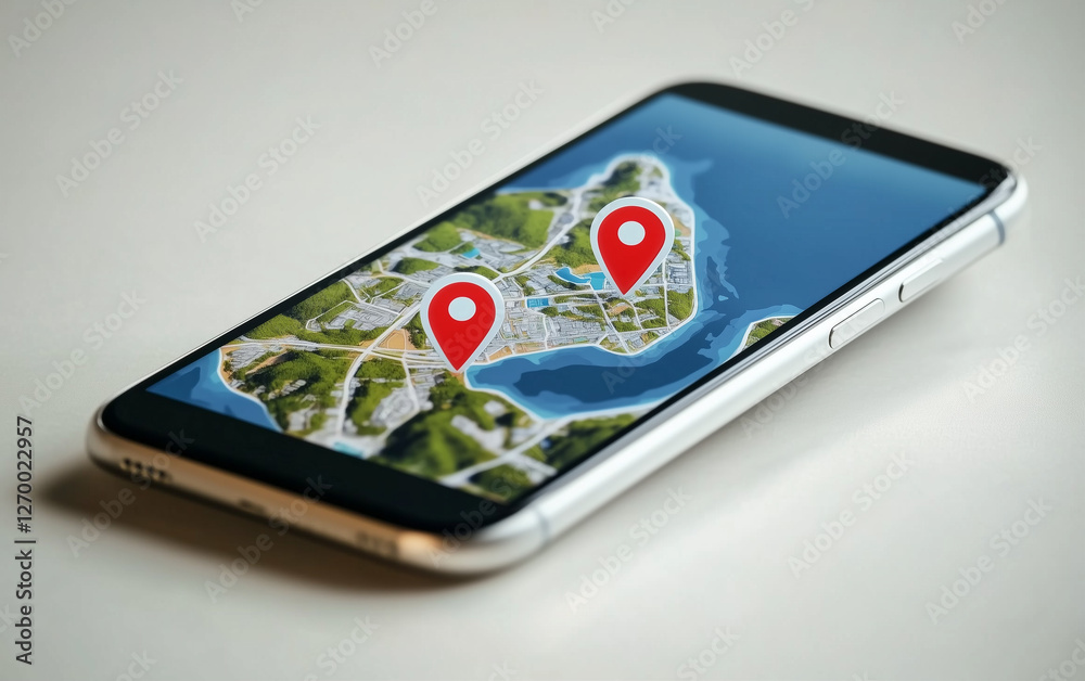 Poster smartphone displays map with location pin. mobile phone showing city map with location markers on sc