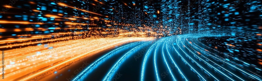 Fototapete Dynamic abstract background with bright streaks of blue and orange light twisting through a digital space : Generative AI
