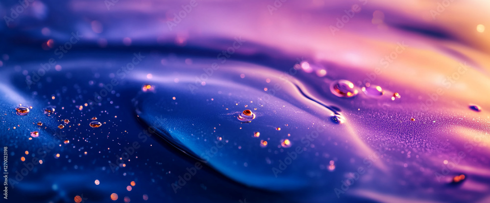 Poster a close-up image of water droplets on a purple and blue surface, creating a beautiful abstract patte