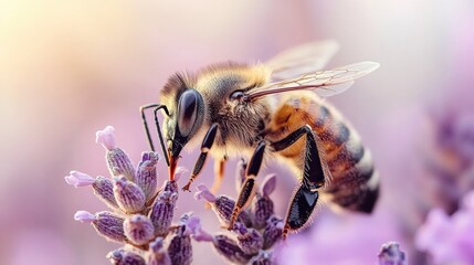 Honey bee pollinating lavender flowers. Blurred summer background of lavender flowers with bees. Beautiful wallpaper. soft focus, macro photography, copy space