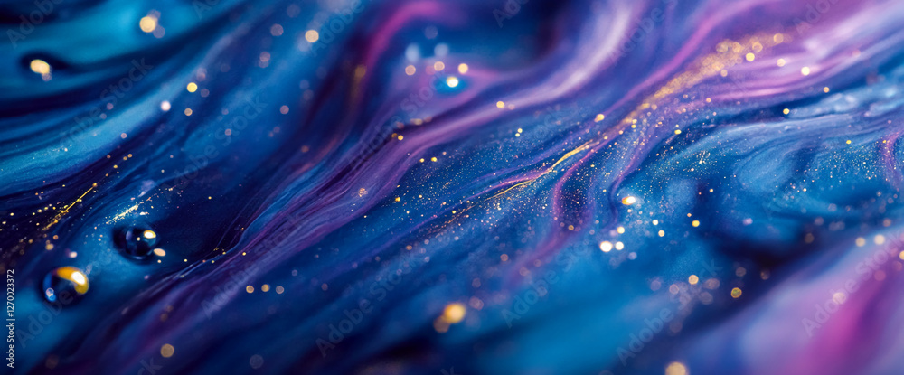 Poster a close-up shot of colorful water droplets on a smooth surface with purple and blue swirls, creating