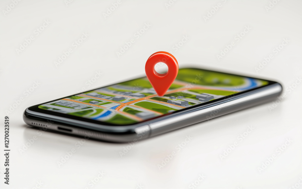 Poster Smartphone with map and location pin on screen. Smartphone displaying map with location pin. Mobile phone showing map and location
