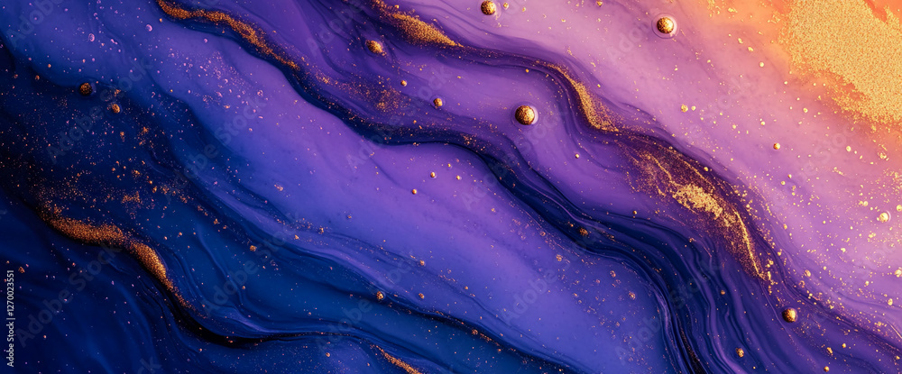 Poster a close-up shot of vibrant purple and blue fluid with golden glitter and droplets creating a mesmeri