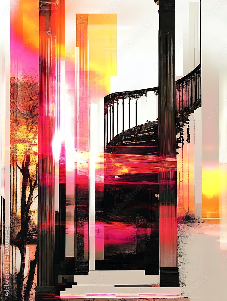 Poster mesmerizing spiral staircase framed by vibrant sunset hues and abstract layers : generative ai
