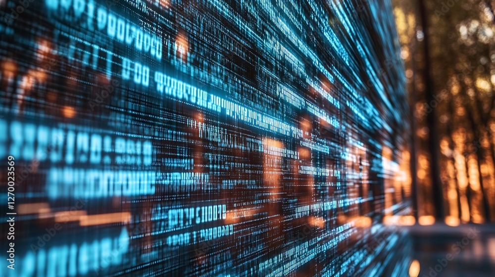 Poster Futuristic digital data stream with glowing binary code reflecting technology and innovation in a forest setting : Generative AI