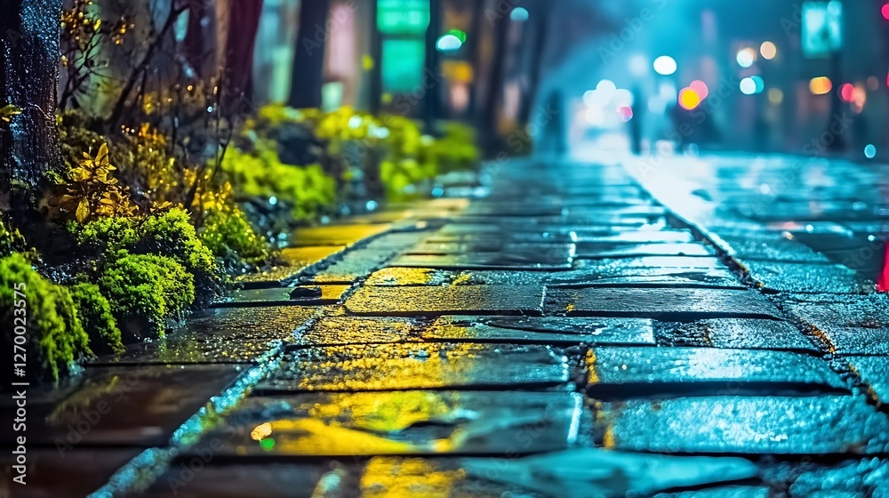 Poster rain-soaked cobblestone street illuminated by dim lights creates a moody scene in the evening : gene