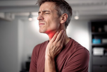 Fototapeta premium A man holds his neck with a pained expression, indicating discomfort in his throat area. The background displays a contemporary living space, suggesting a casual environment
