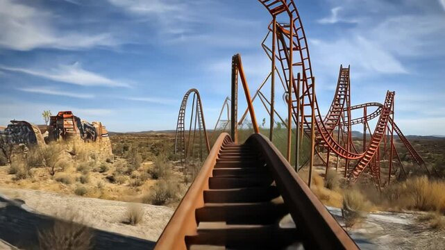 A rusted roller coaster track in a desolate landscape under a blue sky.