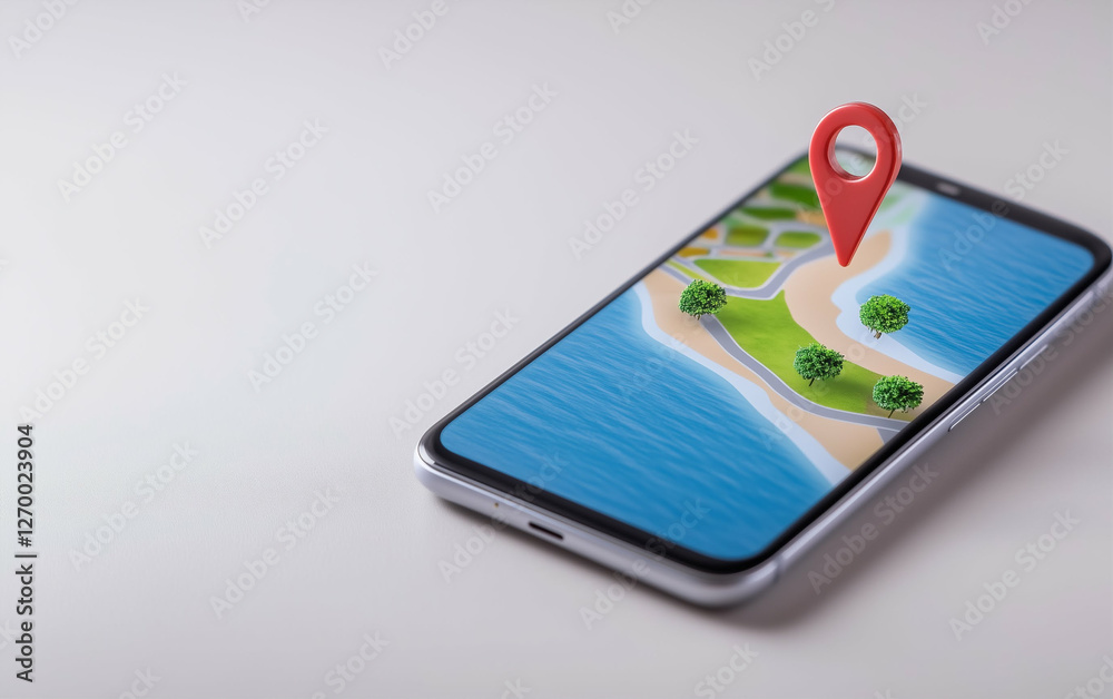 Poster Smartphone displaying mobile mapping with digital location and red pin. Mobile phone showing location map with trees and beach with red pin marker on the screen. Smartphone with map and location pin