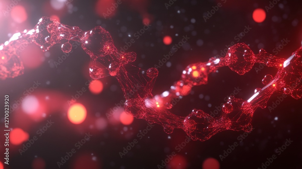 Poster abstract red molecular structure background with bokeh effect and particles