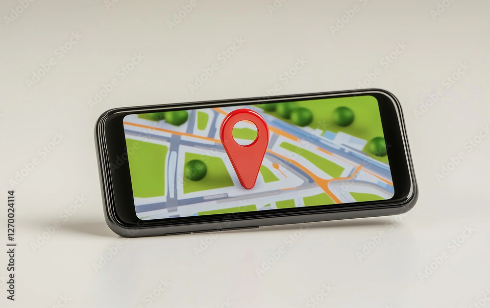 Poster smartphone displaying map with location pin. the screen shows a map with streets green areas and a p