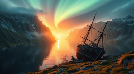 Obraz premium Shipwrecked vessel at sunset, bathed in the ethereal glow of aurora borealis, framed by majestic mountains