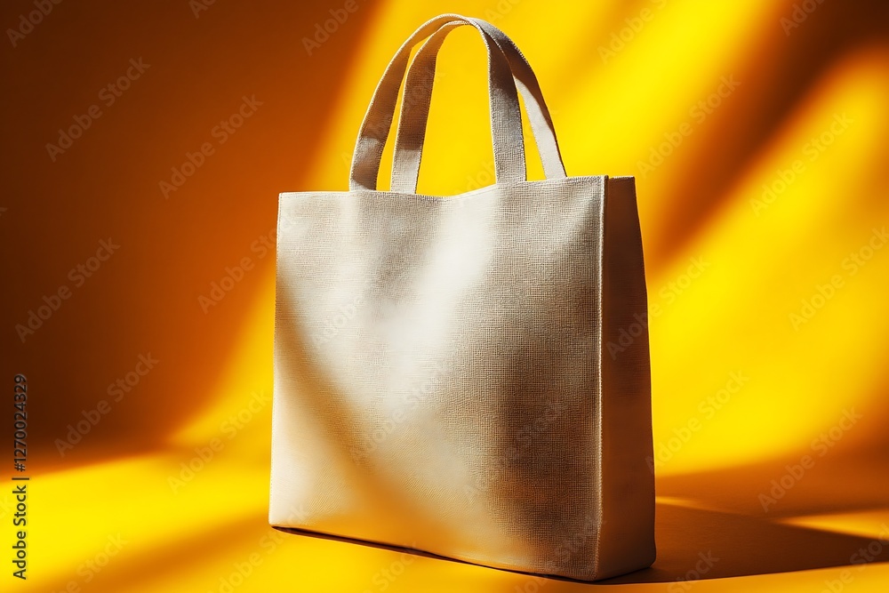 Poster minimalist cream tote bag casting soft shadows against a bright yellow background : generative ai