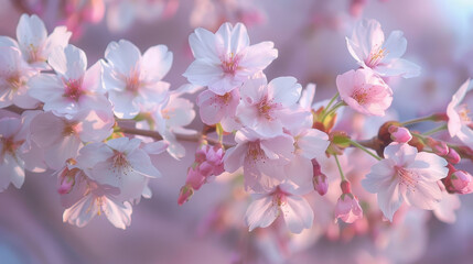Obraz premium Delicate cherry blossoms in soft pink hues create serene and tranquil atmosphere, symbolizing beauty of spring