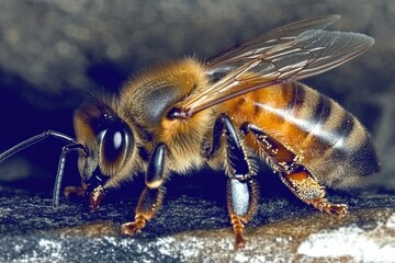 Honeybee collecting nectar from a pink blossom on a sunny day in the garden