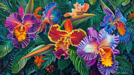 Vibrant orchids in lush tropical setting, showcasing vivid colors and intricate details. artwork captures beauty of nature, evoking sense of tranquility and wonder
