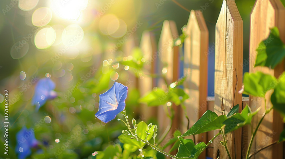 Poster beautiful morning scene featuring blue morning glory flowers climbing wooden fence, surrounded by lush green leaves and soft sunlight creating dreamy atmosphere