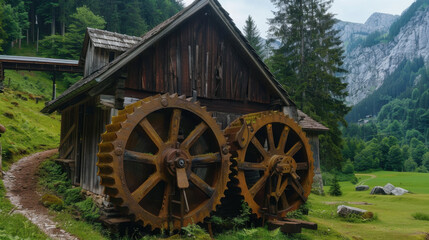 Fototapeta premium Old wooden building with large gears in mountainous landscape, surrounded by lush greenery and trees, evoking sense of nostalgia and industrial history