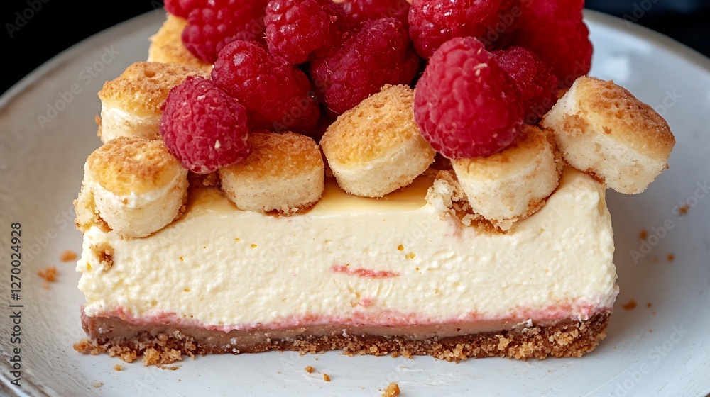Poster delicious raspberry cheesecake topped with fresh berries and cookies on a stylish plate : generative