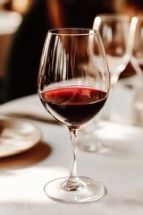 Elegant glass of red wine placed on a beautifully set dining table illuminated by soft natural light : Generative AI