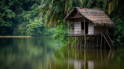 Fototapeta premium Stilt house on tranquil lake in lush jungle.