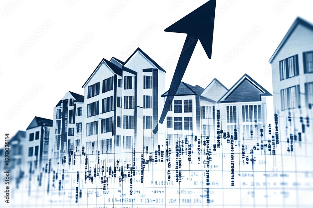Poster an upward arrow highlights a rise in property values overlaid on a graph of houses representing real