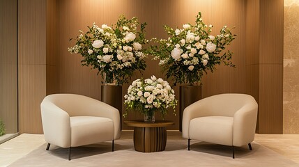 Elegant White Floral Arrangements Luxury Lobby Interior Design Modern Armchairs Beige Upholstery Wooden Wall Paneling Sophisticated Waiting Area      