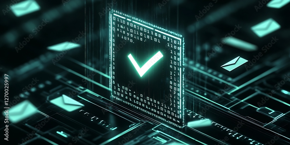 Poster Stylized digital check mark emerging from binary data on a futuristic electronic background : Generative AI
