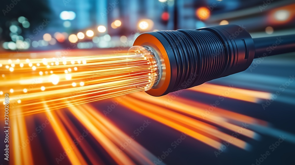 Poster high-speed fiber optic cable emitting glowing data streams, symbolizing cutting-edge internet techno
