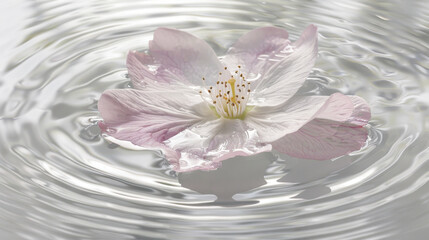 delicate pink flower floats gracefully on surface of calm water, creating gentle ripples that enhance its beauty. serene scene evokes sense of tranquility and peace