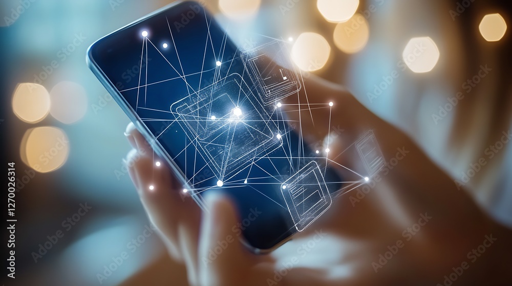 Fototapete Hands holding smartphone displaying connected digital network visuals with glowing lines and data icons : Generative AI