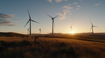 Obraz premium Engineers survey a picturesque wind farm at sunset, blending technology with nature, symbolizing sustainable energy and environmental consciousness.
