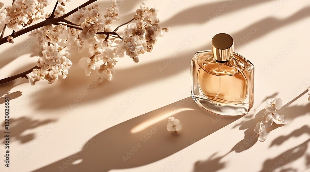 Poster elegant perfume bottle beautifully arranged with delicate flowers casting soft shadows on a refined 