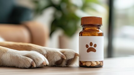 Veterinary medicine bottle with a paw print label, symbolizing pet care, health treatments, and responsible animal wellness through modern pharmaceutical solutions, Generative AI