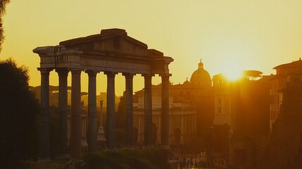 Obraz premium Ancient ruins of a grand civilization bathed in warm sunset light, showcasing monumental architecture, historical decay, and the legacy of lost empires, Generative AI