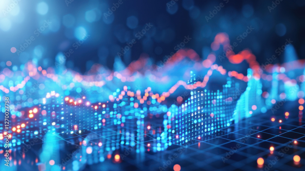 Poster digital data visualization with glowing graphs and charts