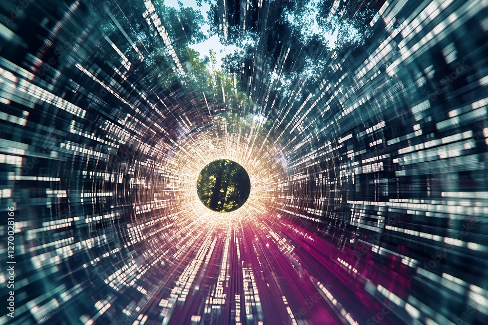 Poster intriguing view of a black hole like vortex pulling data streams into a bright center : generative a