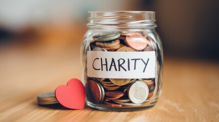 Glass jar full of coins labeled charity with red heart
