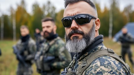 Fototapeta premium A confident, bearded soldier in sunglasses focuses intently, surrounded by fellow soldiers in camo gear, symbolizing bravery and solidarity in an outdoor setting.