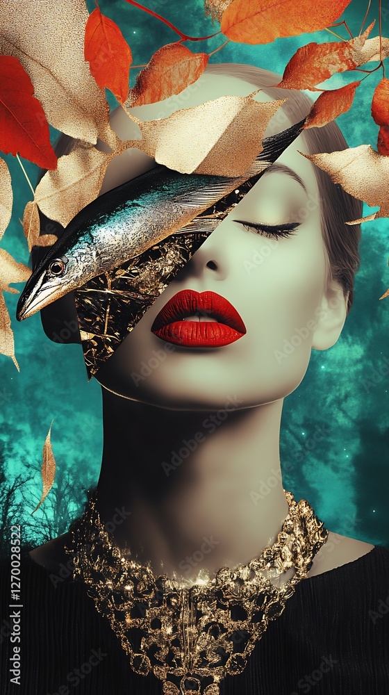 Poster creative artistic portrait of a woman featuring fish and leaves with a colorful background : generat